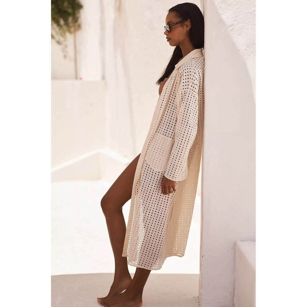 By Anthropologie Collared Eyelet Duster Cardigan Cream One Size
